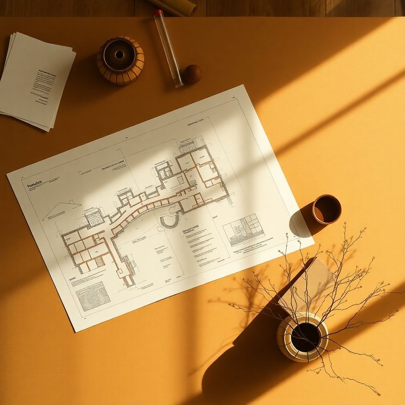 Vedere de sus a unei mese de proiectare în tonuri nisipii cu diagrame arhitecturale și documente în nuanțe de oliv